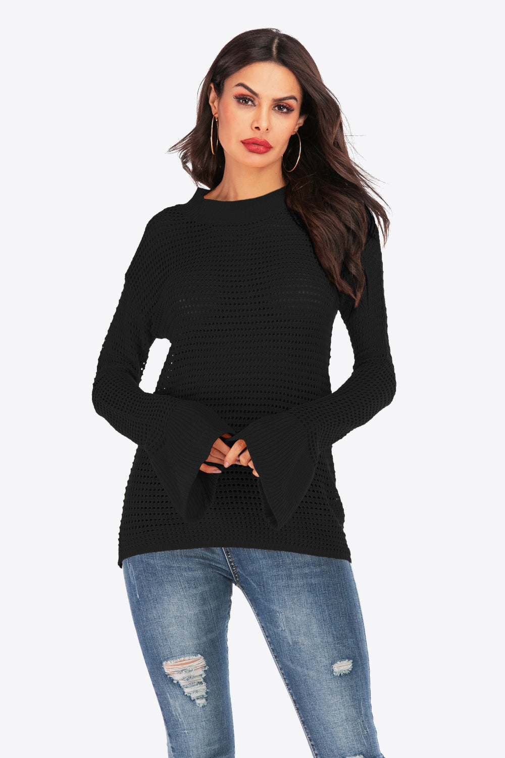 Openwork Flare Sleeve Round Neck Sweater