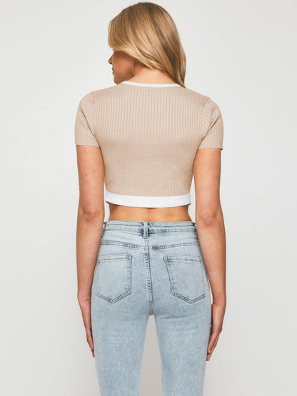 Contrast Trim Pointed Hem Ribbed Crop Top