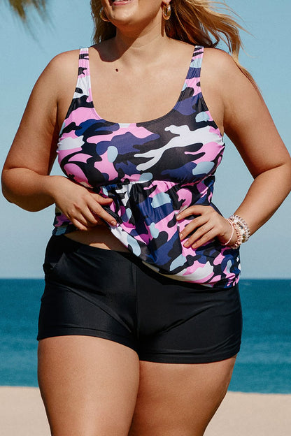 Conjunto de tankini de dos piezas con péplum de camuflaje de talla grande