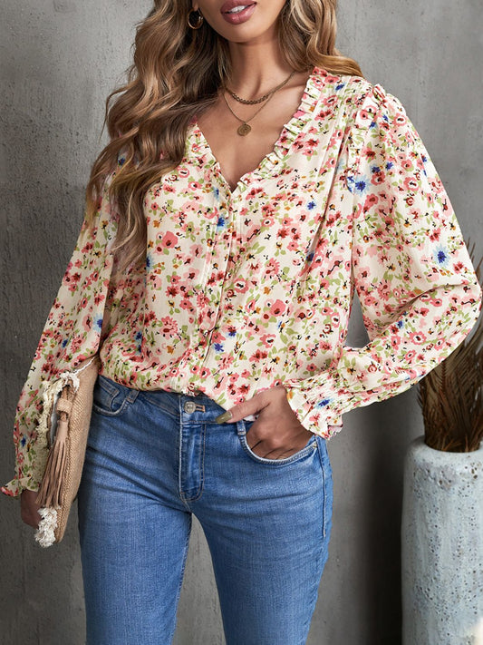 Floral Frill Trim V-Neck Flounce Sleeve Blouse