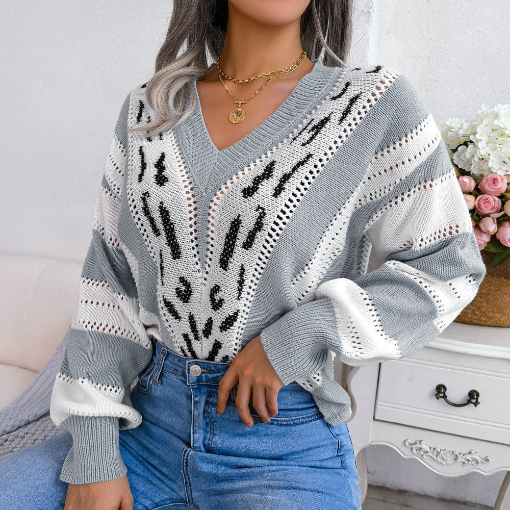 Striped Lantern Sleeve V-Neck Sweater