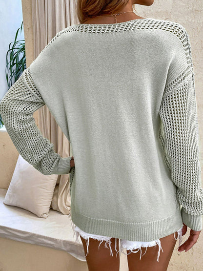 V-Neck Ribbed Trim Long Sleeve Knit Top