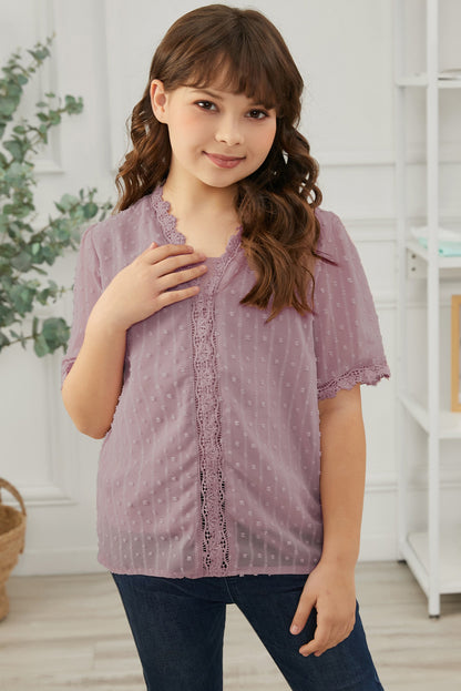 Girls Swiss Dot Spliced Lace Blouse