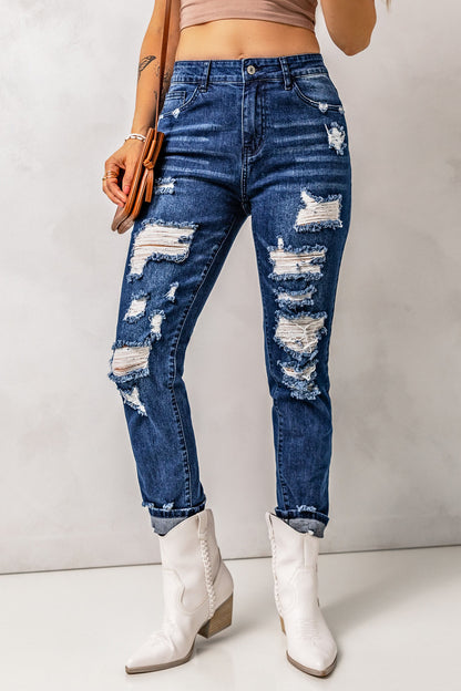 Jeans desgastados de cintura alta con bolsillos