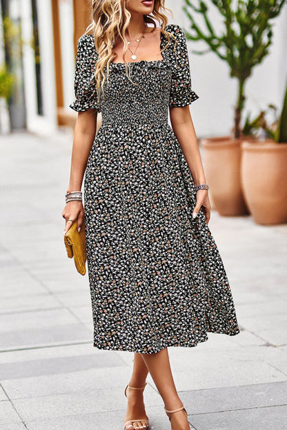 Floral Ruffled Square Neck Dress with Pockets