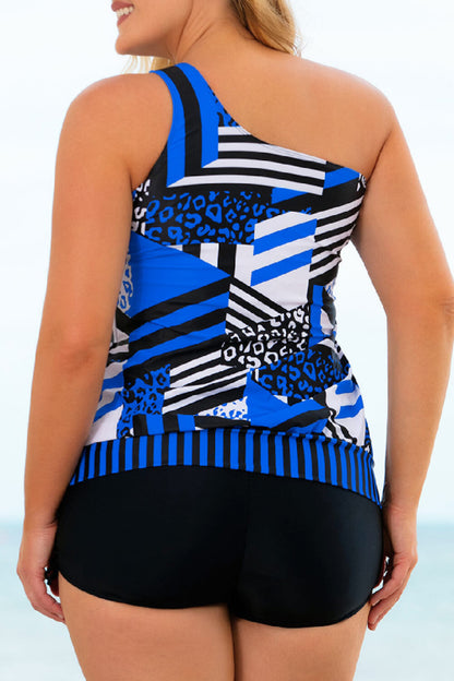 Conjunto de tankini de un hombro atado con patchwork de talla grande