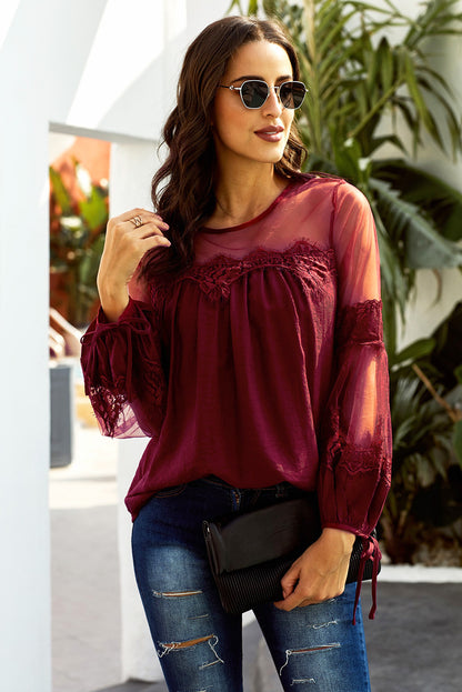 Tied Spliced Mesh Bubble Sleeve Blouse