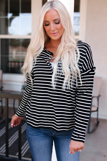 Striped Half Button Frill Trim Top