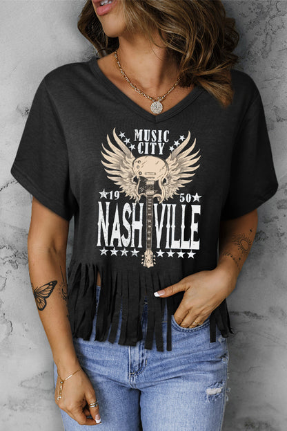 MUSIC CITY 1950 NASHVILLE Camiseta estampada con dobladillo con flecos