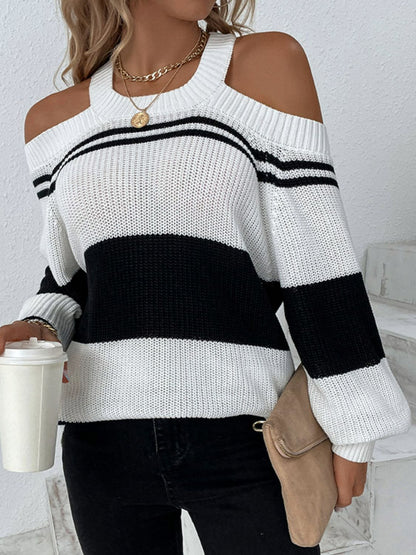 Striped Cutout Cold-Shoulder Tunic Sweater