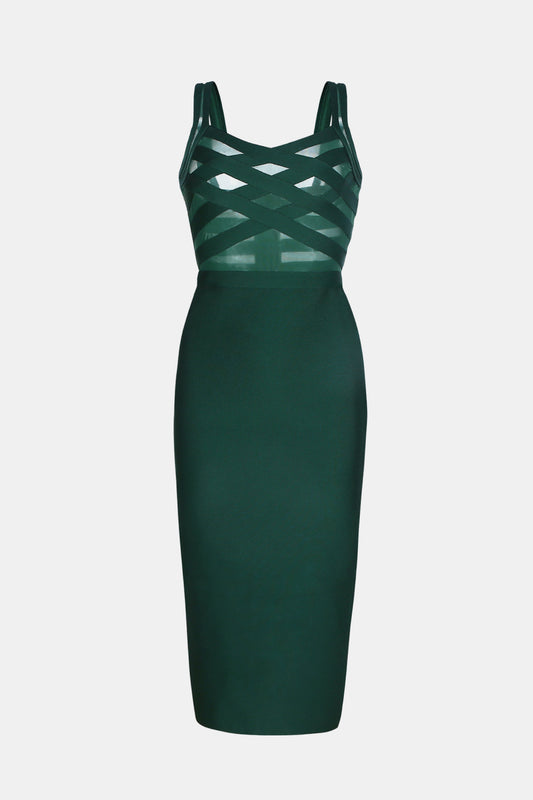 Sleeveless Spliced Mesh Midi Bandage Dress