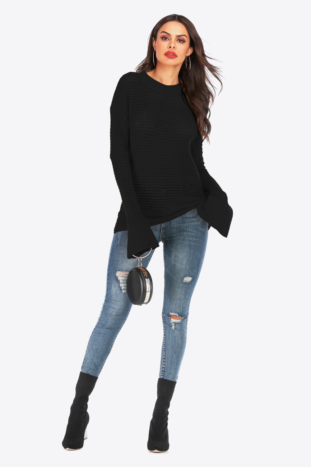 Openwork Flare Sleeve Round Neck Sweater