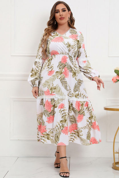 Plus Size Spliced Lace Surplice Balloon Sleeve Maxi Dress