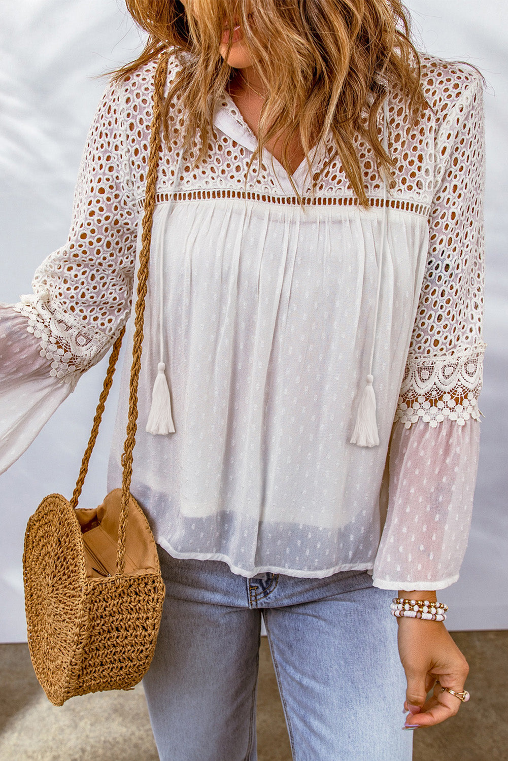 Eyelet Tassel Tie Flare Sleeve Blouse