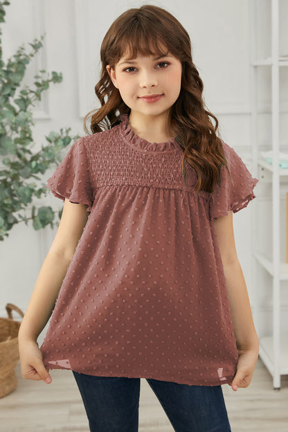 Blusa de manga volante con fruncido de lunares suizos para niñas