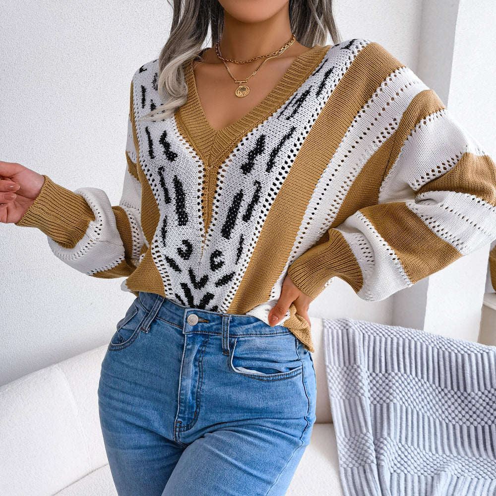 Striped Lantern Sleeve V-Neck Sweater