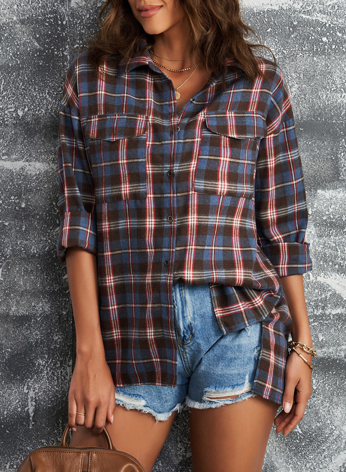 Plaid Slit High-Low Shirt with Pockets