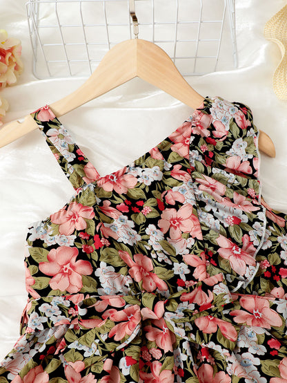 Floral Asymmetrical Neck Ruffled Dress