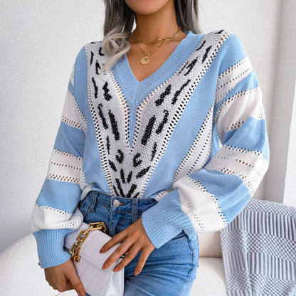 Striped Lantern Sleeve V-Neck Sweater