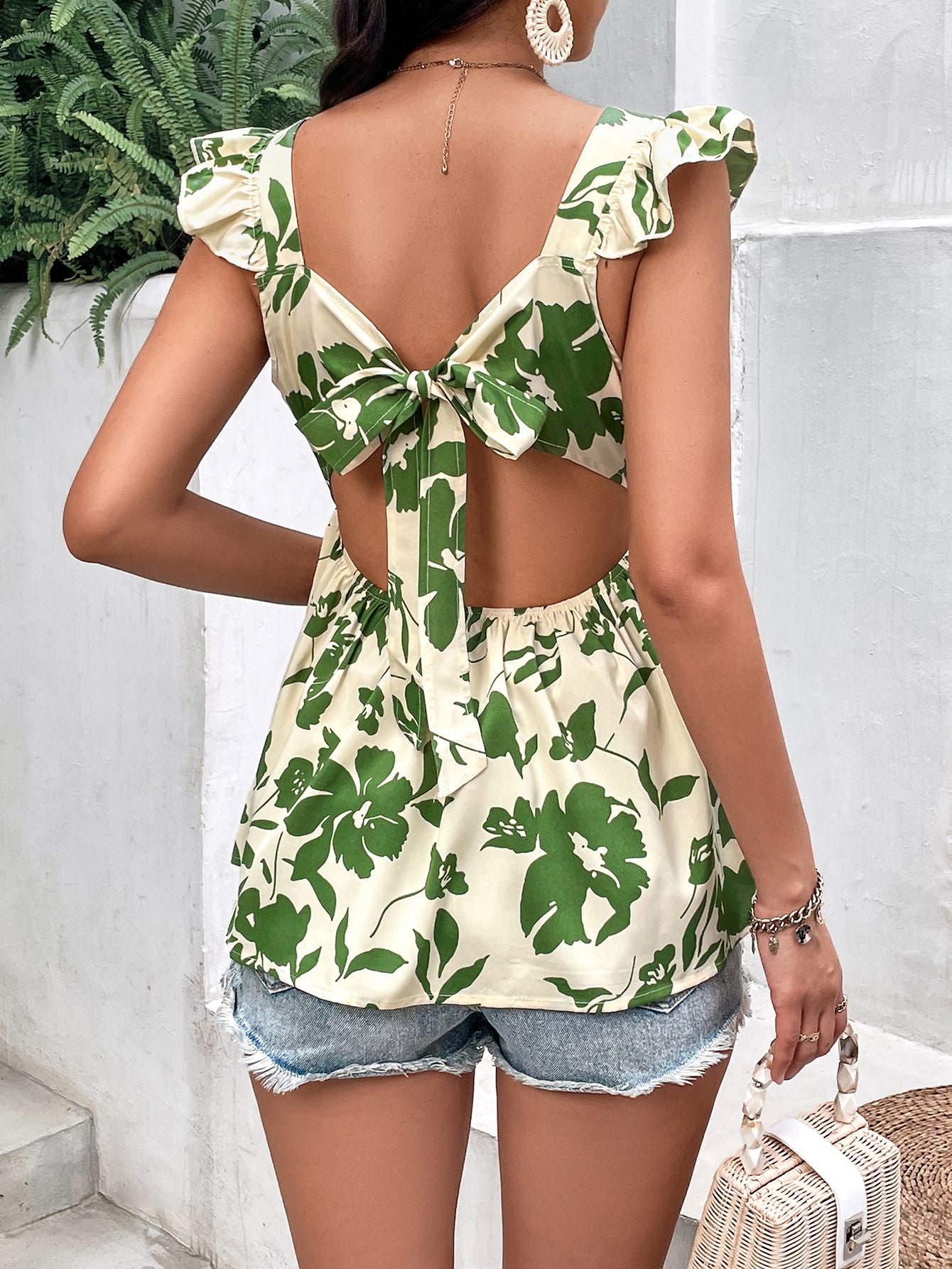 Tied Cutout Square Neck Butterfly Sleeve Babydoll Blouse