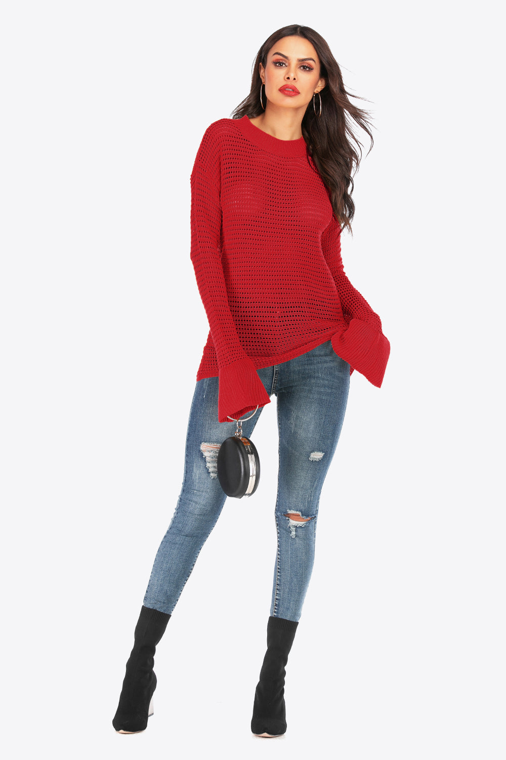 Openwork Flare Sleeve Round Neck Sweater