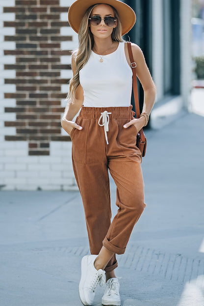 Drawstring Waist Corduroy Pants with Pockets