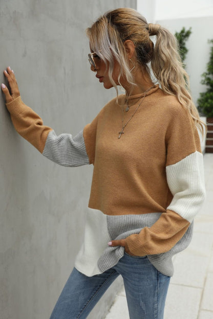 Color Block Round Neck Knit Pullover