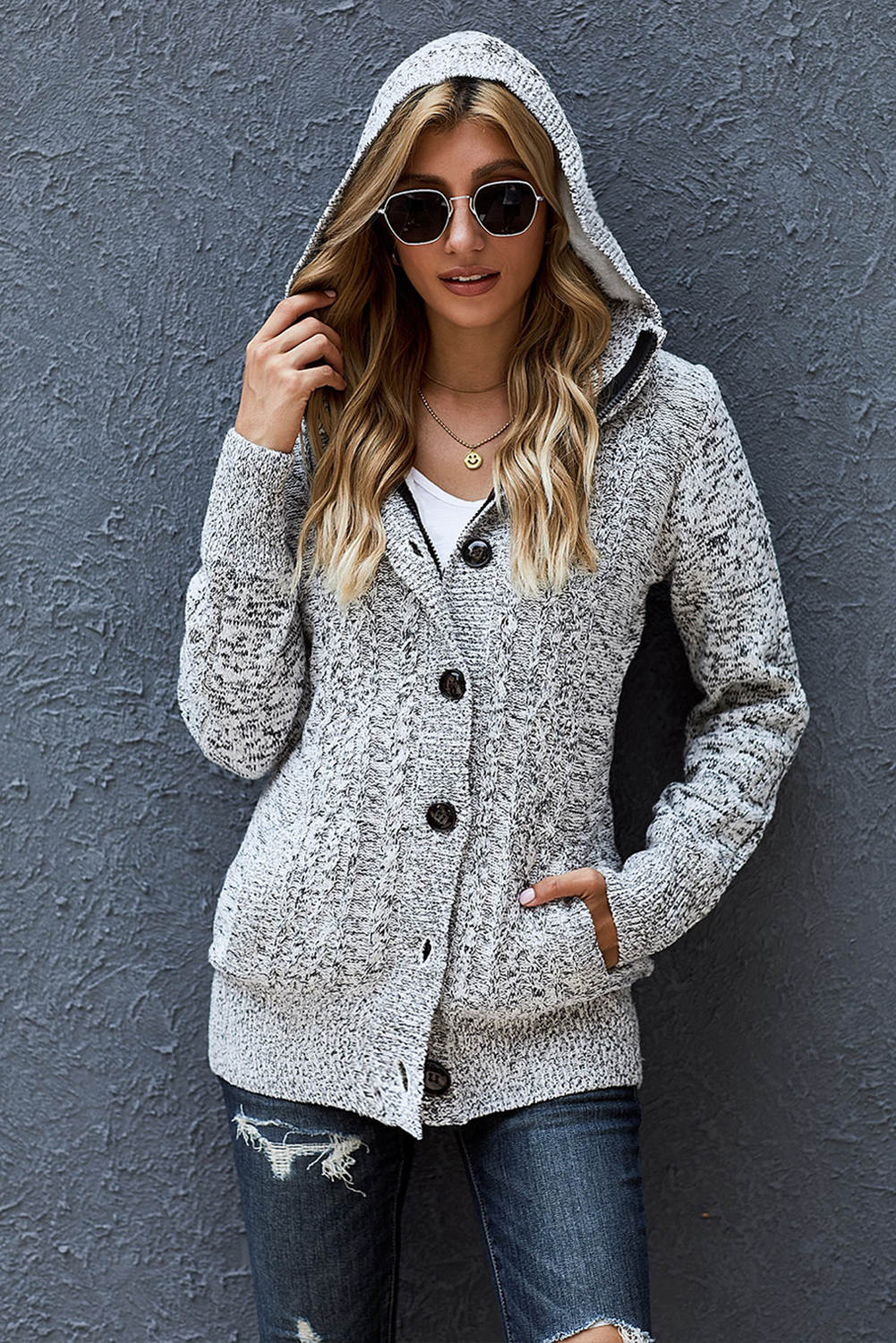 Cable-Knit Fleece Lining Button-Up Hooded Cardigan