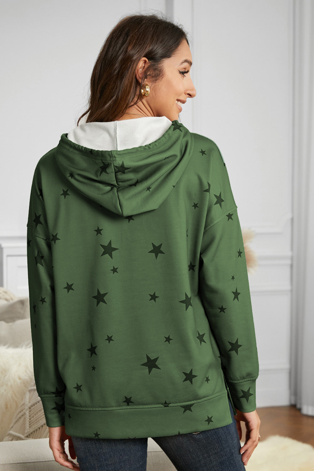 Star Print Drawstring Detail Hoodie