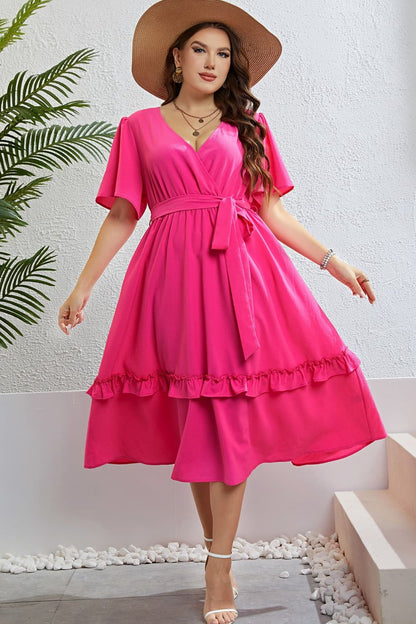 Belted Frill Trim Flutter Sleeve Dress