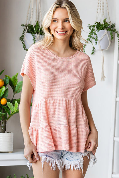 Waffle-Knit Buttoned Ruffle Hem Top