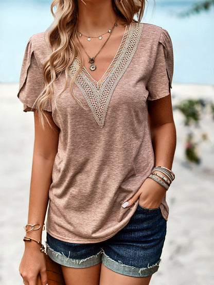 Contrast V-Neck Petal Sleeve Top