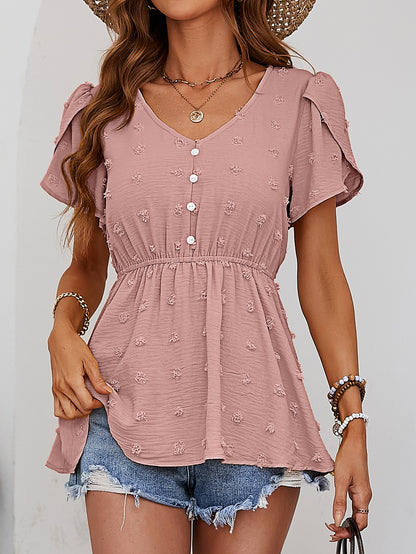 Blusa peplum con manga de pétalo abotonada con lunares suizos