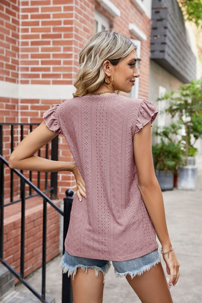 Eyelet Flutter Sleeve Scalloped V-Neck Top