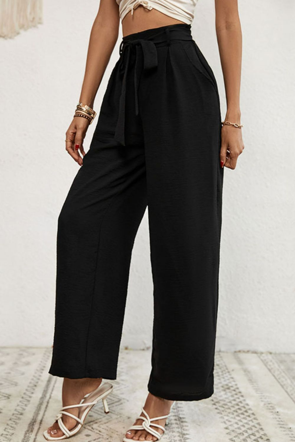 Belted Pleated Waist Wide Leg Pants