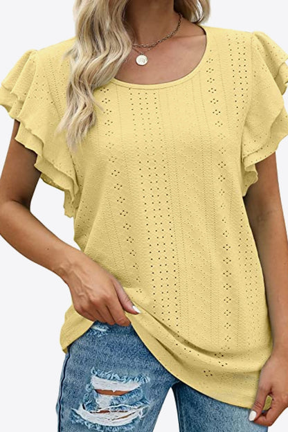 Round Neck Layered Flutter Sleeve Blouse