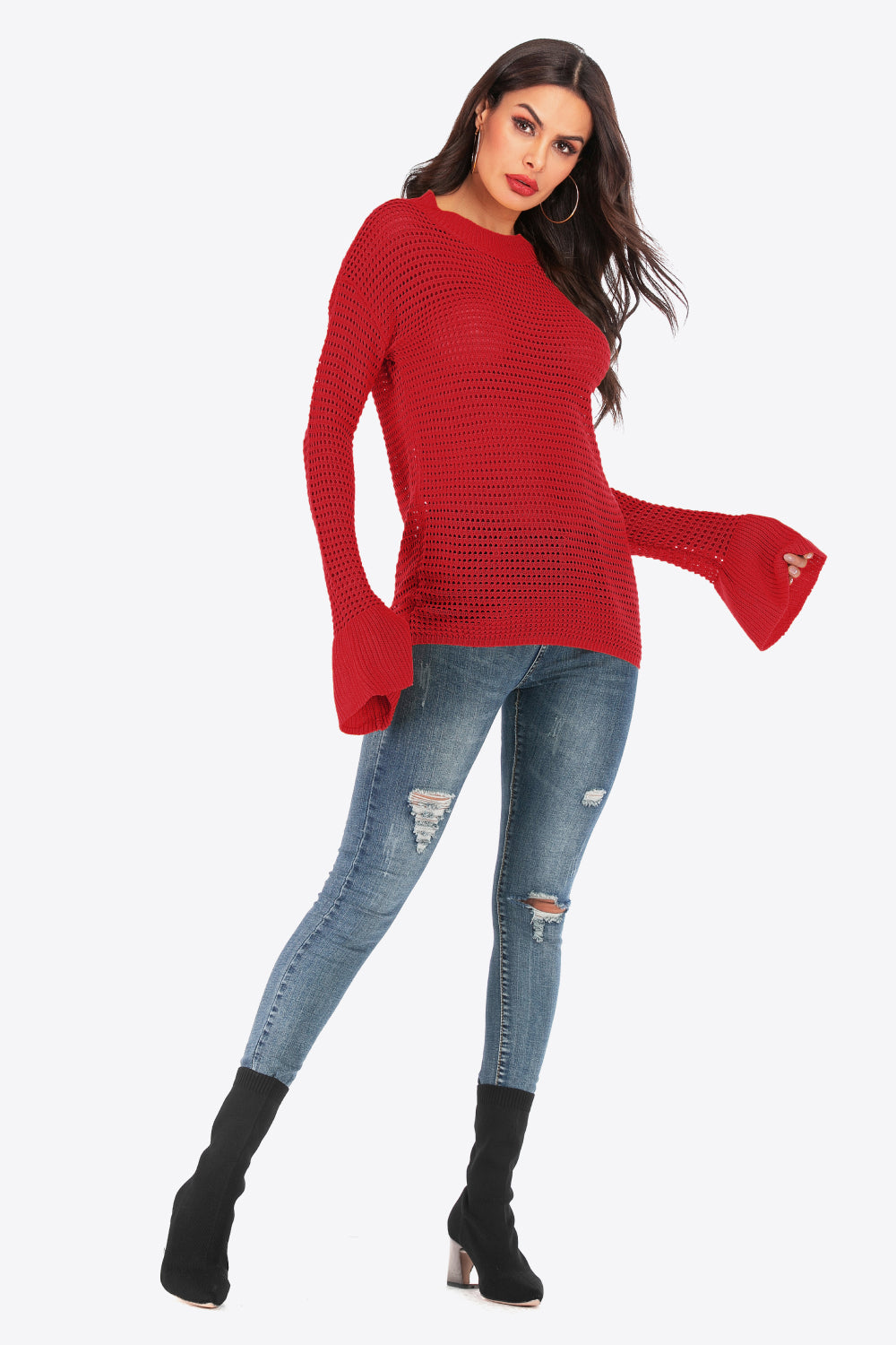 Openwork Flare Sleeve Round Neck Sweater