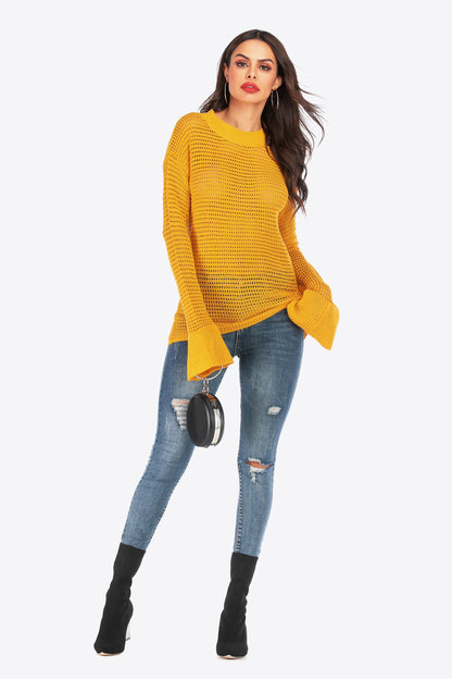 Openwork Flare Sleeve Round Neck Sweater