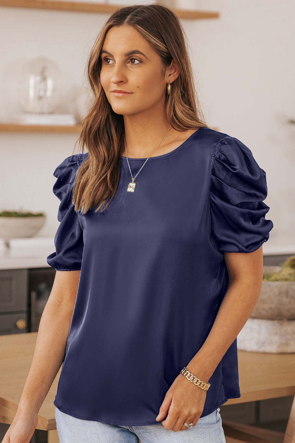 Puff Sleeve Round Neck Blouse