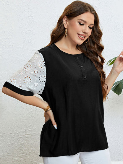 Plus Size Contrast Decorative Button Half Sleeve Top