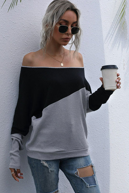 Two-Tone Off-Shoulder Rib-Knit Top