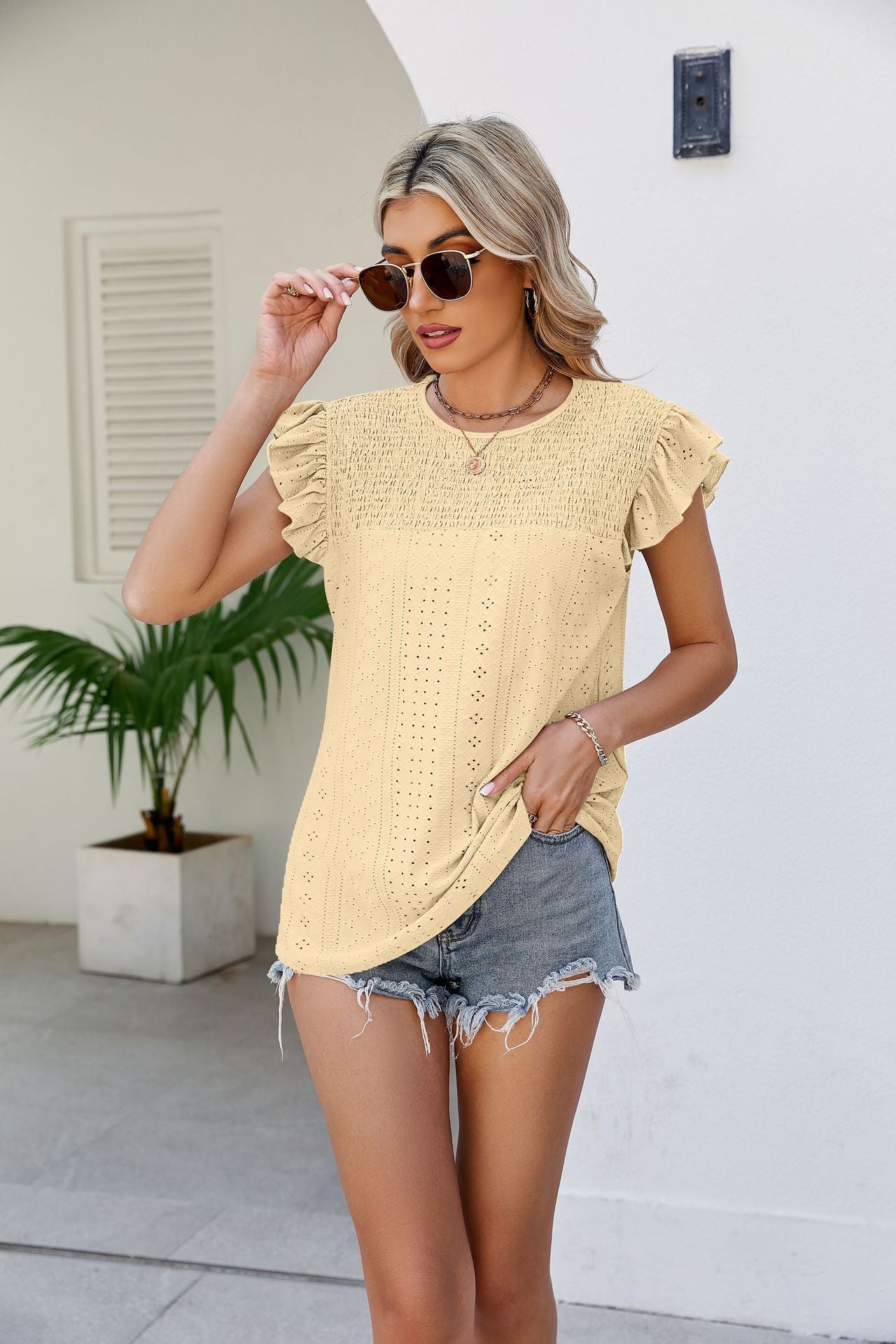 Smocked Round Neck Flutter Sleeve Top