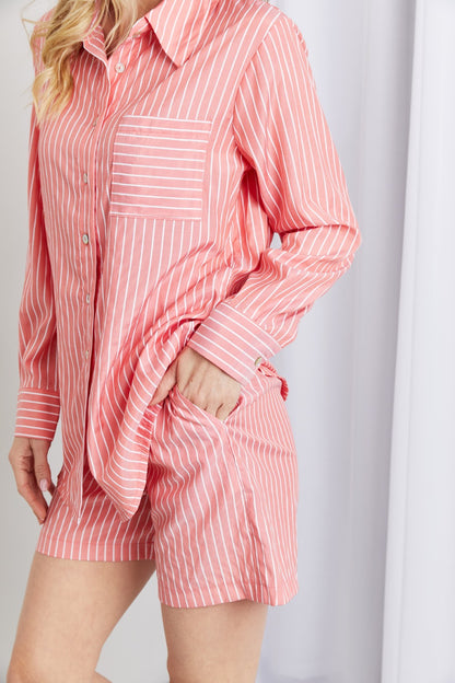 Zenana Striped Shirt and Shorts Loungewear Set in Deep Coral