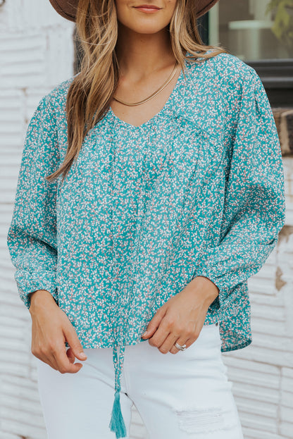 Ditsy Floral Tassel Tie High-Low Blouse