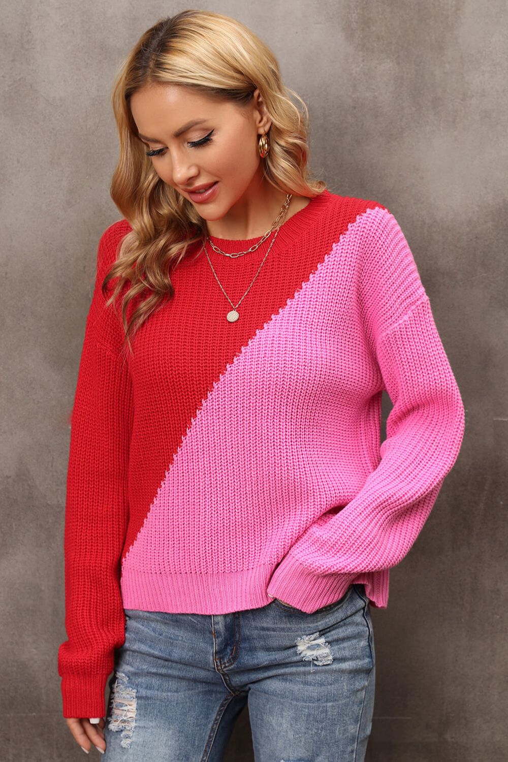 Two-Tone Round Neck Dropped Shoulder Sweater