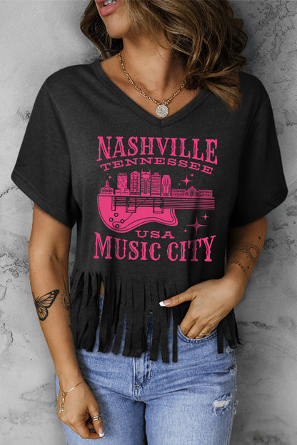 NASHVILLE TENNESSEE EE. UU. CIUDAD DE LA MÚSICA Camiseta estampada con dobladillo con flecos