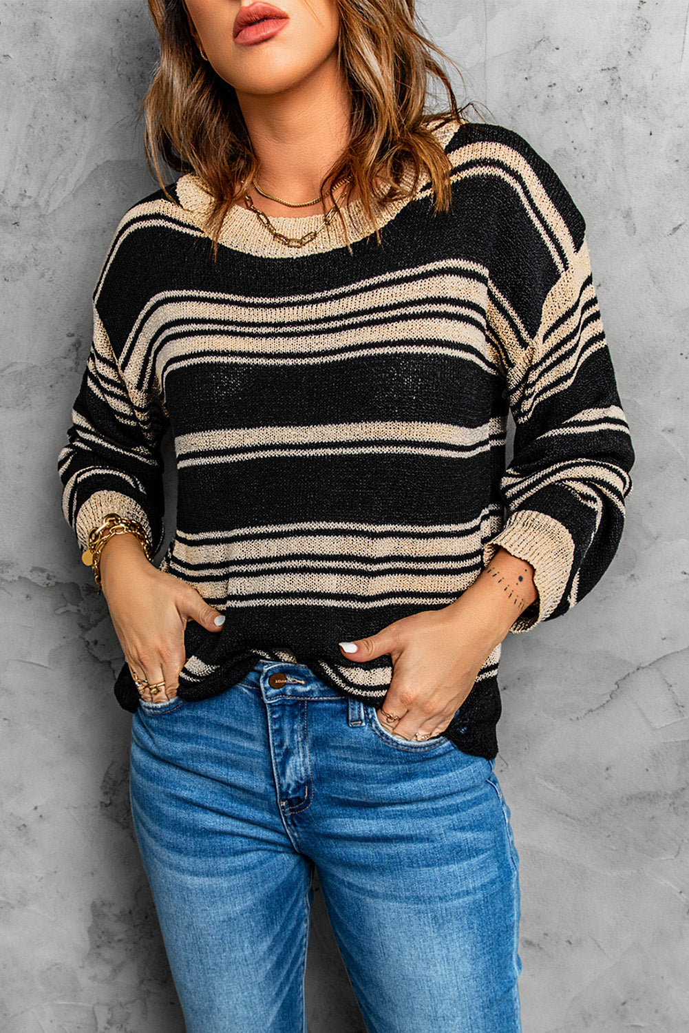 Striped Round Neck Distressed Sweater