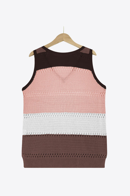 Striped Openwork V-Neck Knit Tank