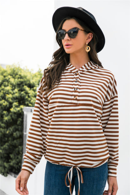 Striped Half-Button Dropped Shoulder Hoodie