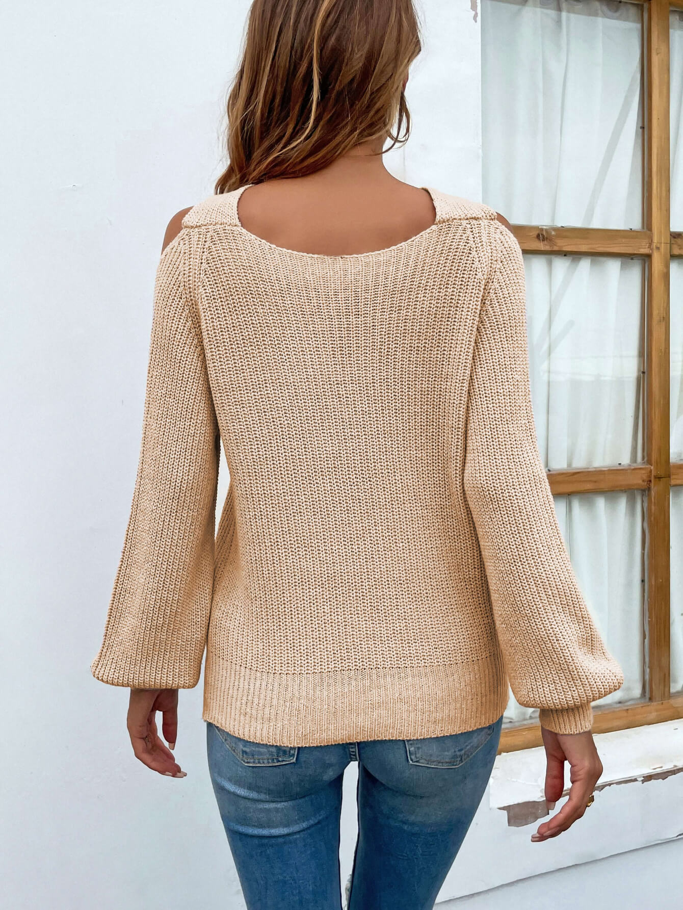 Crisscross Cold-Shoulder Rib-Knit Sweater